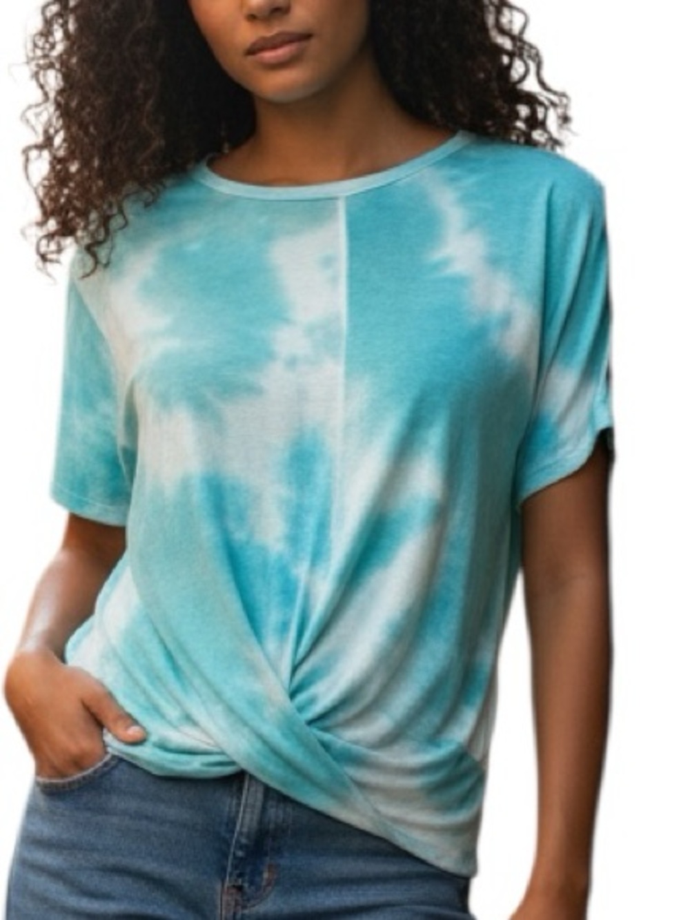 RAIN: Women’s Blue Tie Dye Twist Short Sleeve Top -Size XL